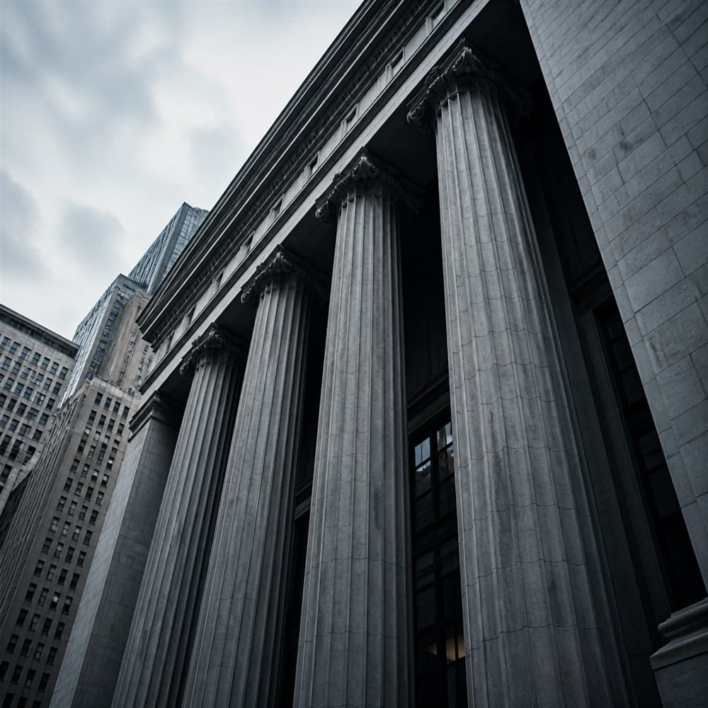 Stone financial-district architecture viewed from below
