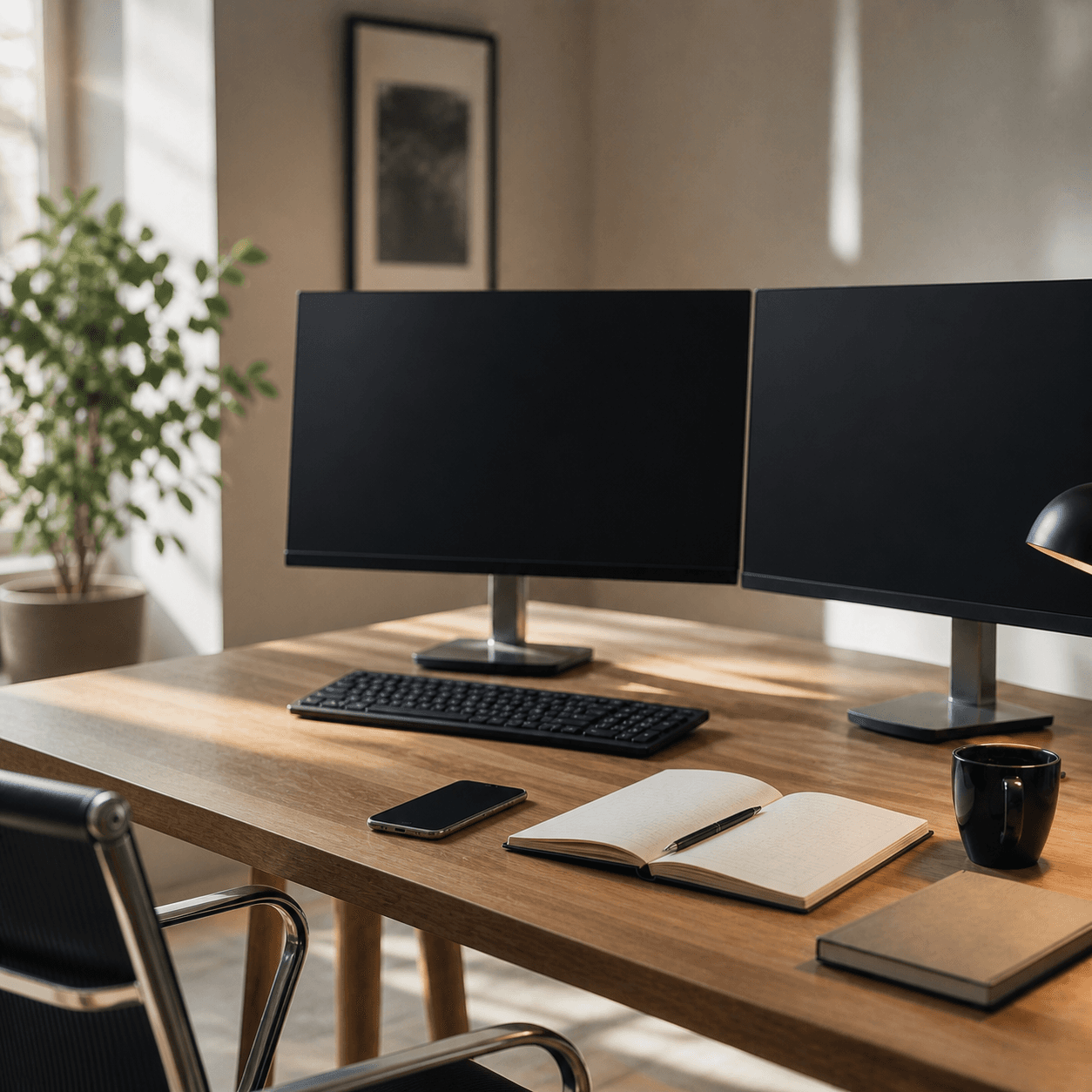 Home trading workstation with blank monitors, a phone, and an open notebook