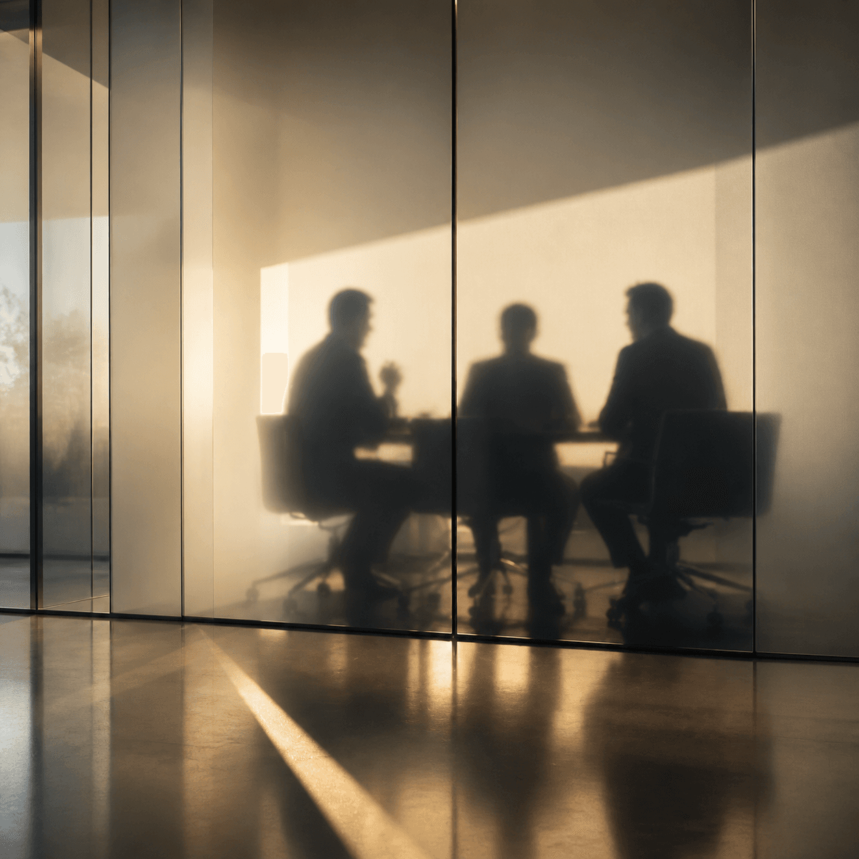 Research analysts in discussion behind an evenly lit glass wall